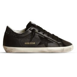 Golden Goose Super-Star In Black Nappa With Black Star And Glitter Heel Tab