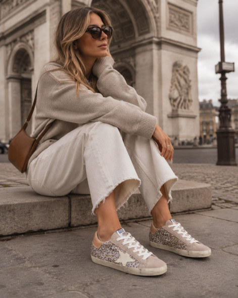 Женские кеды Golden Goose Super-Star in Silver Glitter With Leather Star and Heel Tab